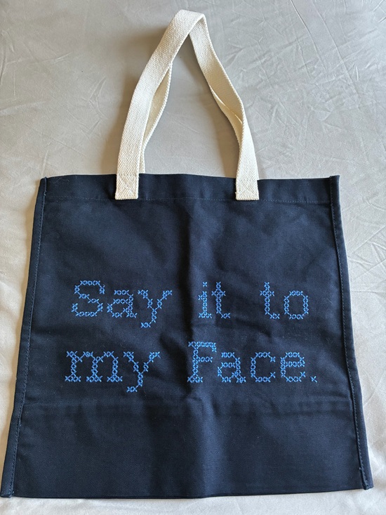 custom Handbags - Navy Canvas Tote with Cream Handles and Blue Embroidery